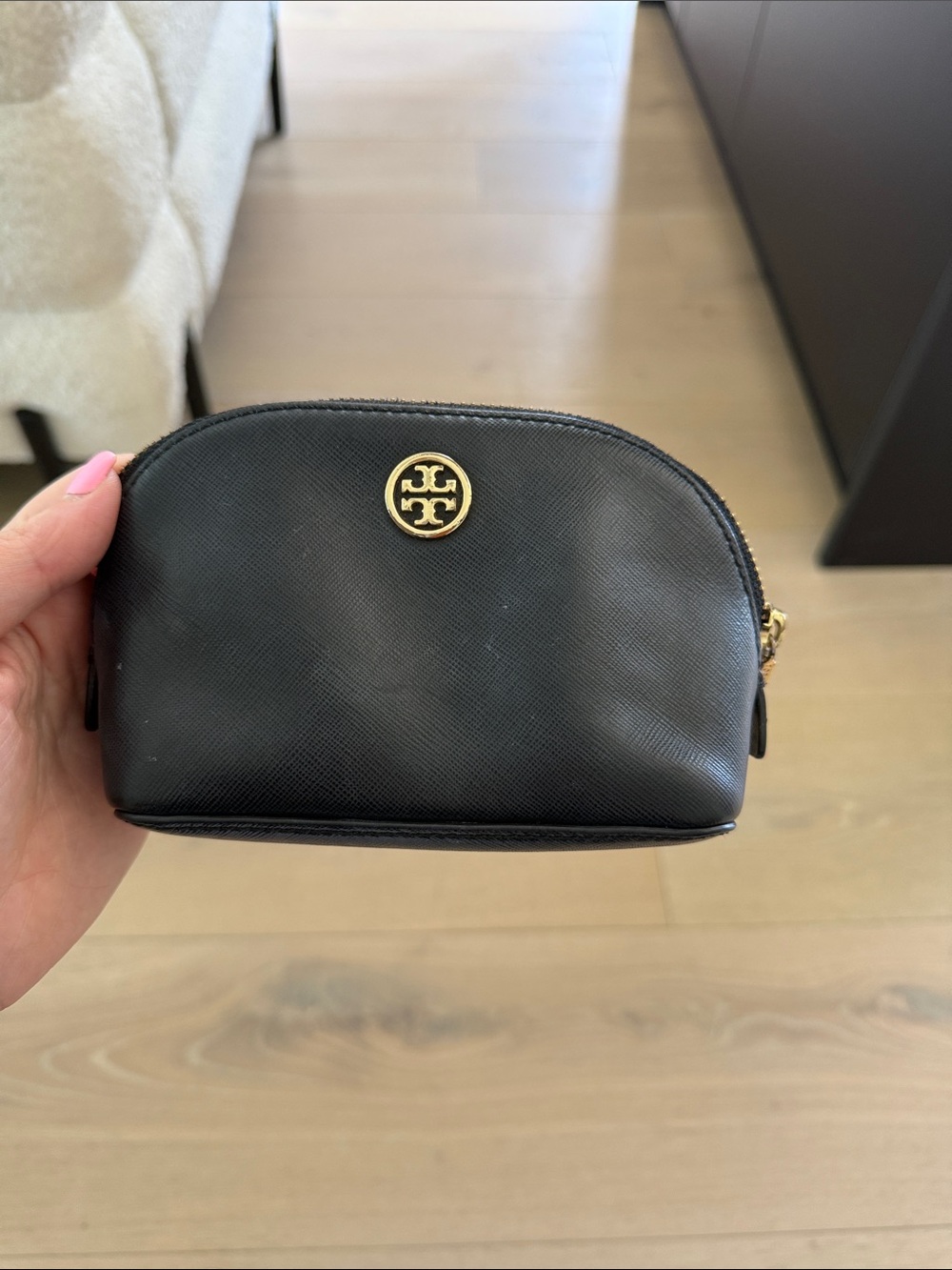 Tory Burch Black Leather Zip Pouch with Gold Logo